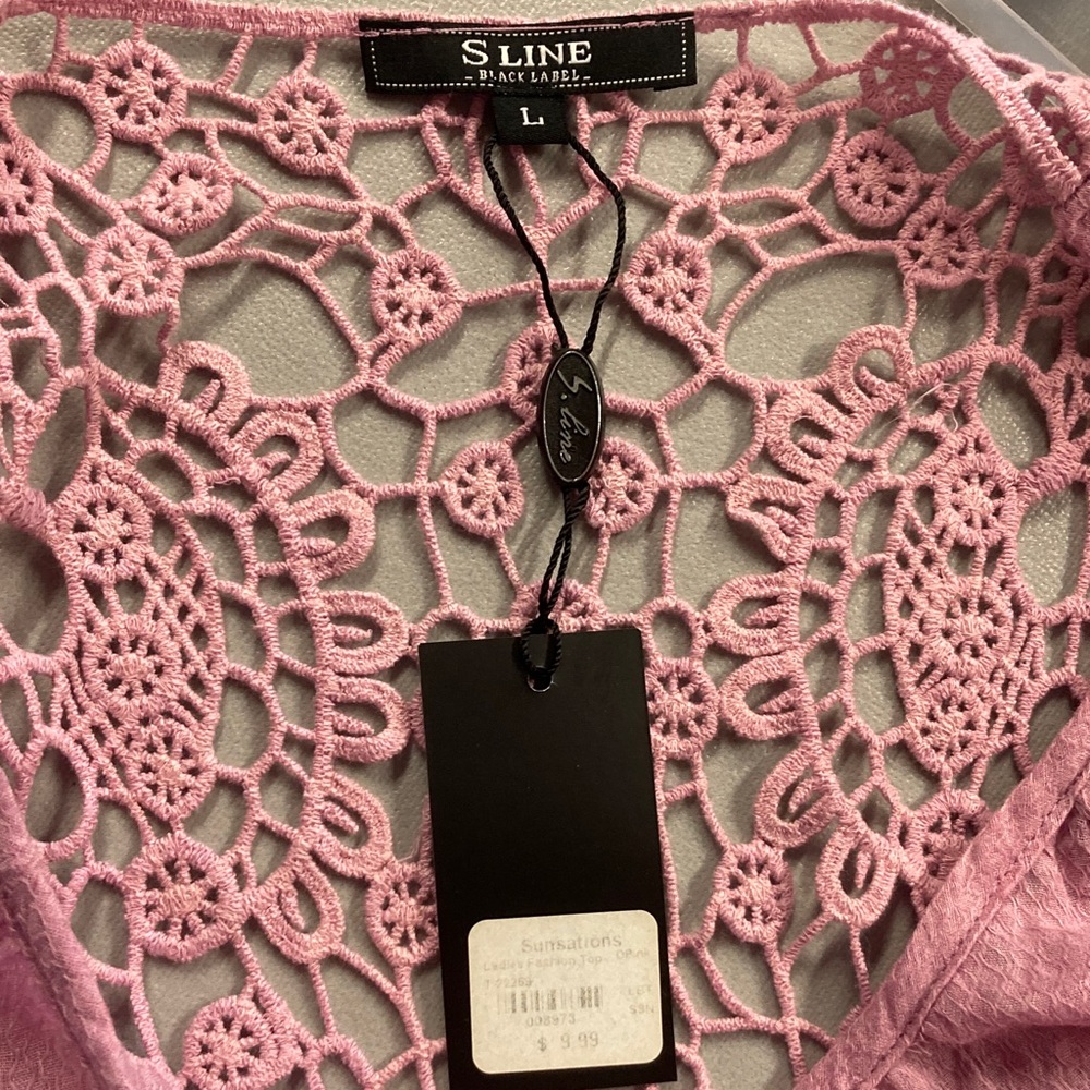 NWT Black Label Women’s Pinkish Purple Crochet Lace Top Sz Lg